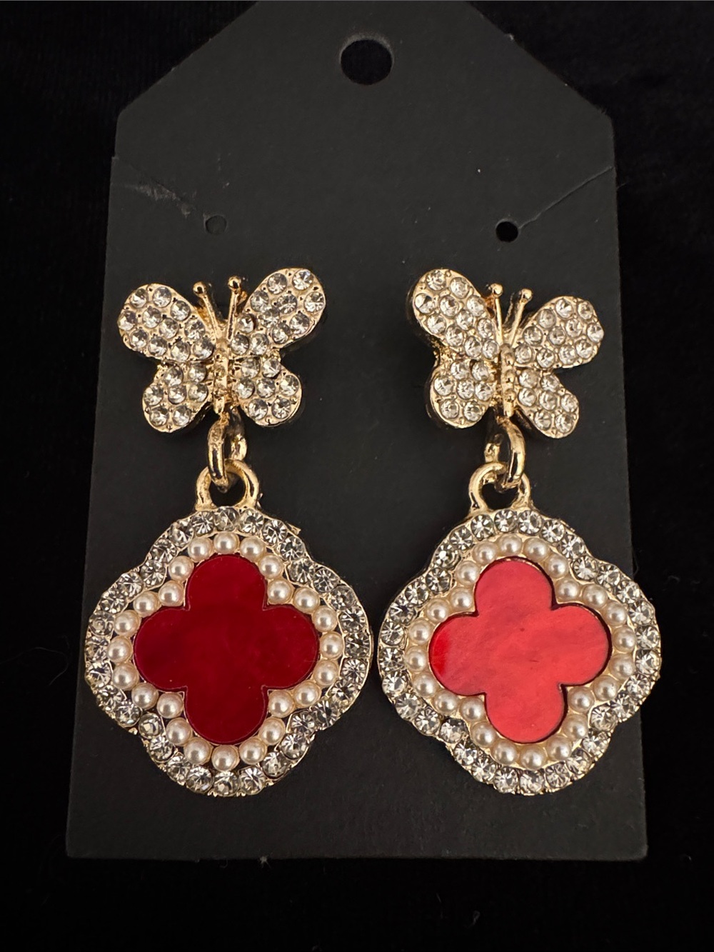 Gold Butterfly Drop Earrings with Red Clover Accent - Picture 1 of 1